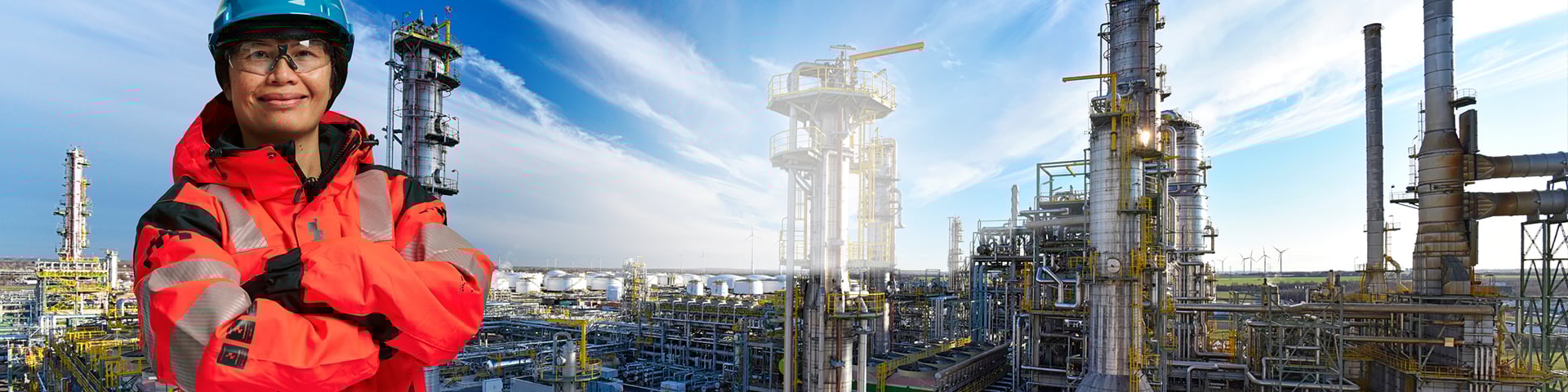 female asian engineer refinery blue sky